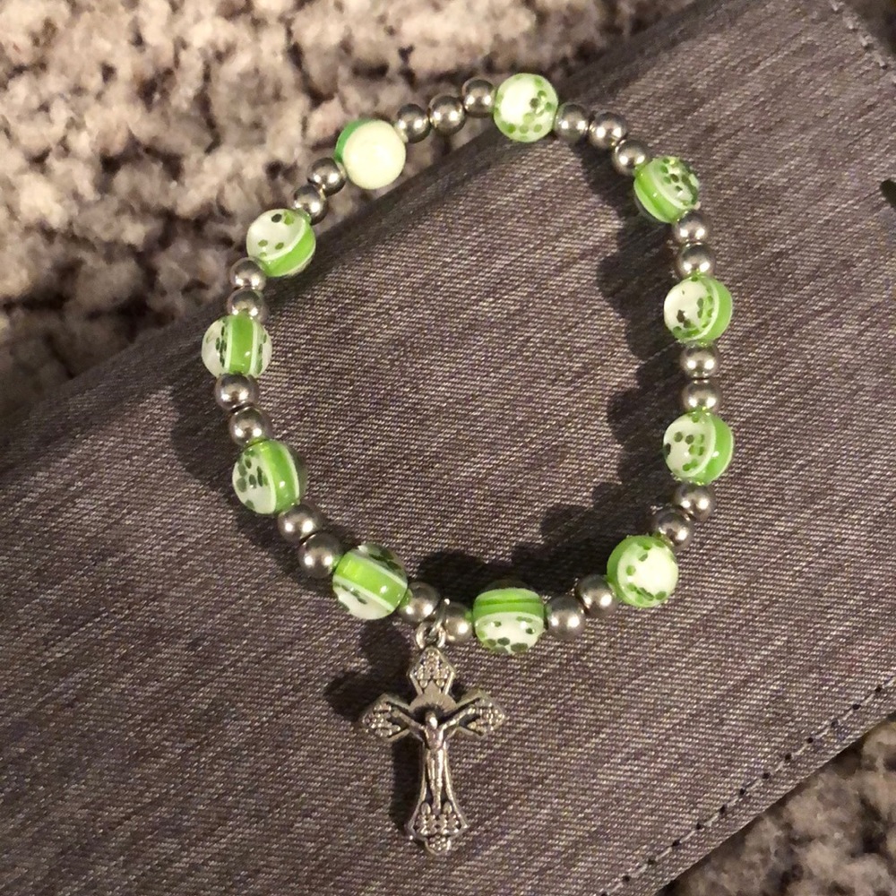 Silver, green & white bracelet with cross
